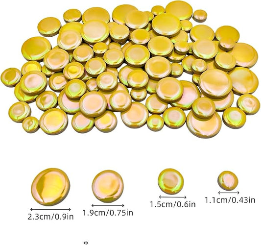 200g Iridescent Round Mosaic Tiles for Crafts Bulk, 11mm-23mm 4 Size Circular Mosaic Ceramic Pieces for Vases, Garden Decor, DIY Mosaic Making (Yellow)