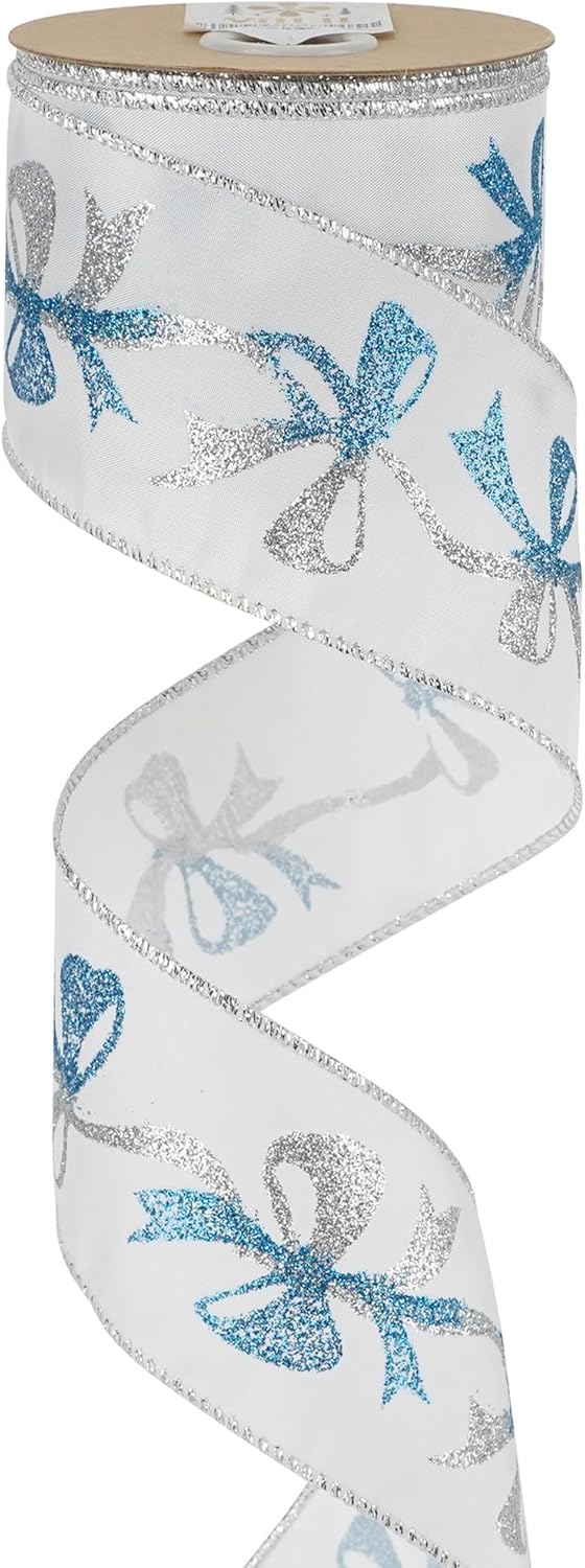 MEEDEE Blue & Silver Christmas Ribbon, 2.5 Inch Wired Satin Ribbon with Turquoise & Silver Glittery Bows, 10 Yards (30 Feet), Perfect for Tree, Garlands, Toppers & Bows - Crafty Corner