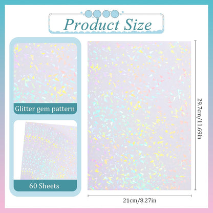 SHENLIU 60 Sheets Holographic Laminate Sheets Clear Glitter Vinyl Sticker Paper Holographic Overlay Self Adhesive Waterproof Transparent Film for Sticker Paper, 11.7 x 8.3 Inch (Gem Patterns)
