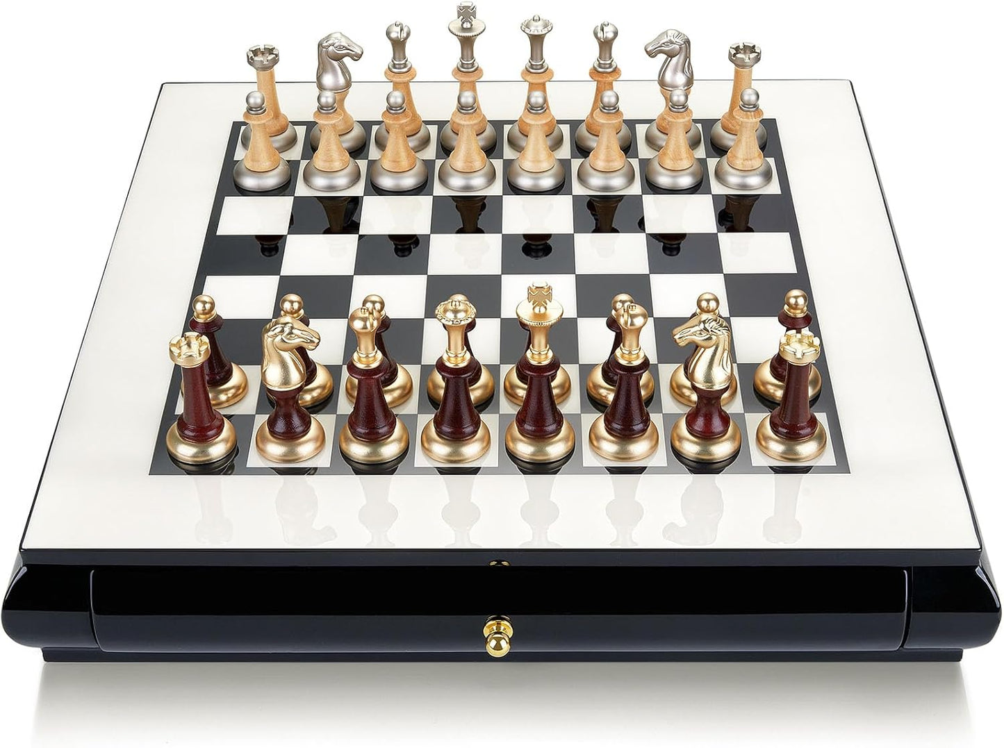 AMEROUS 16 Inches Wooden Chess Set, Large Size Board with 2 Built-in Storage Drawers - 2 Extra Queens - Metallic & Wooden Chess Pieces - Gift Packaging, Board Games for Adults and Kids