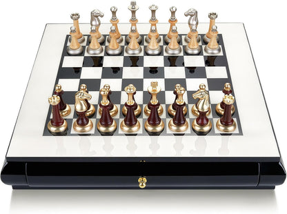 AMEROUS 16 Inches Wooden Chess Set, Large Size Board with 2 Built-in Storage Drawers - 2 Extra Queens - Metallic & Wooden Chess Pieces - Gift Packaging, Board Games for Adults and Kids