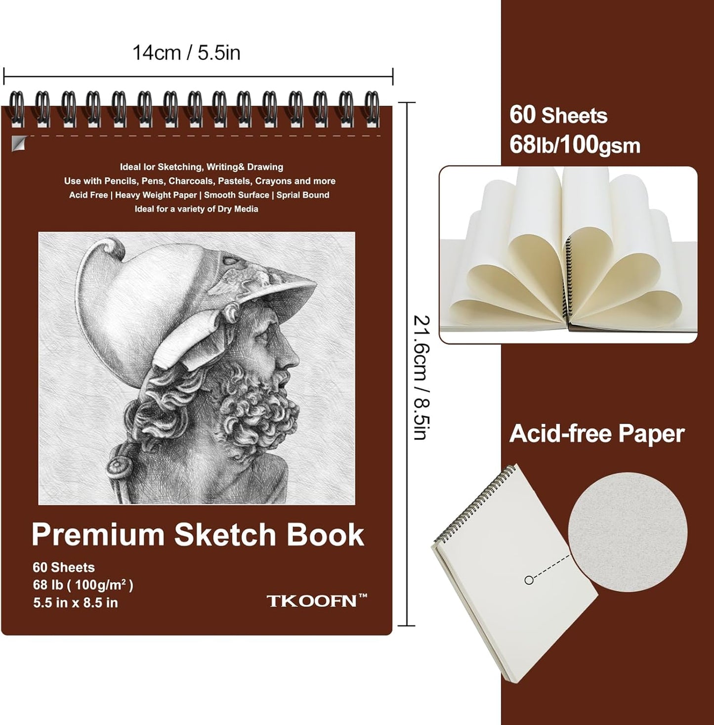 TKOOFN 5.5" x 8.5" Sketch Book, Pack of 10, 600 Sheet Top Spiral Bound Premium Sketchbook Drawing Pads(68lb/100gsm), Acid-Free Painting Paper for Adults Kids Artists Beginners