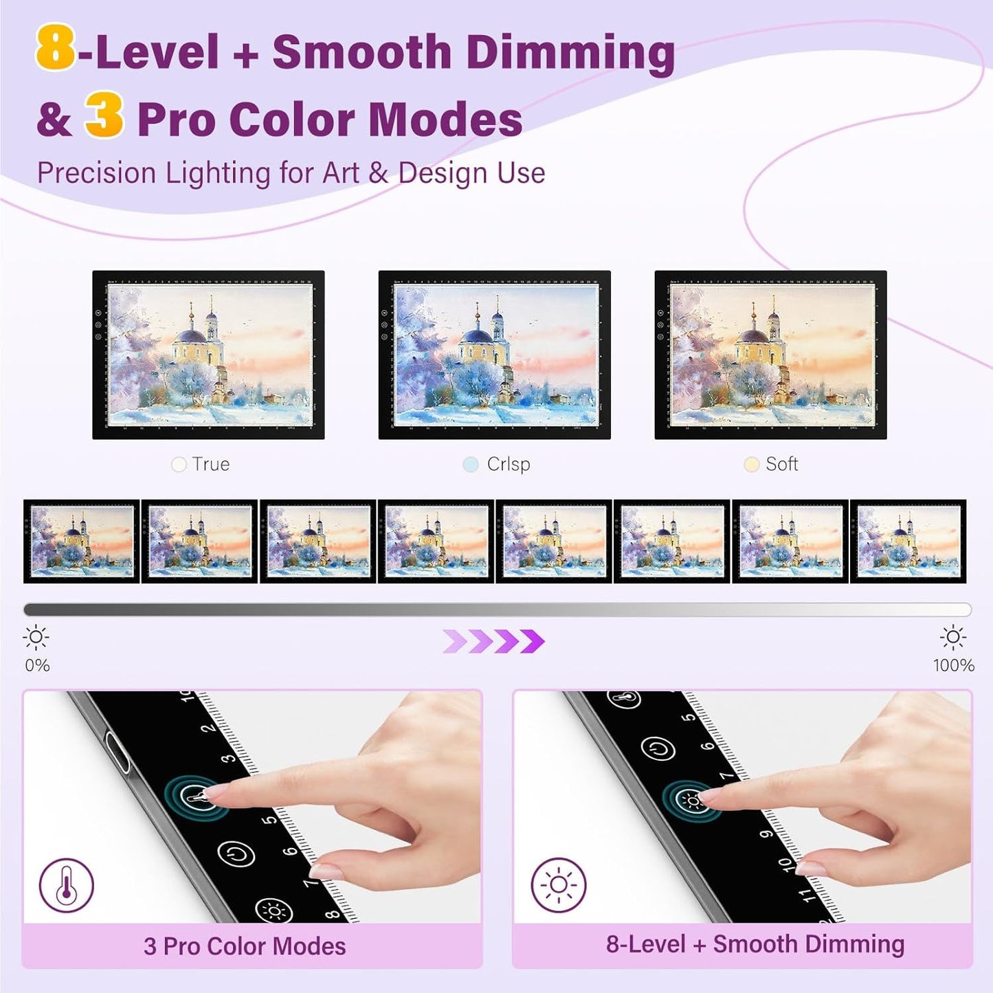 ZEXALIGHT A3 Light Box for Tracing, Light Pad for Diamond Painting with 8 Levels/Stepless Dimming Brightness and 3 Color Modes, Ultra-Thin Copy Board Light Table for Artists Tracing Drawing (Purple)
