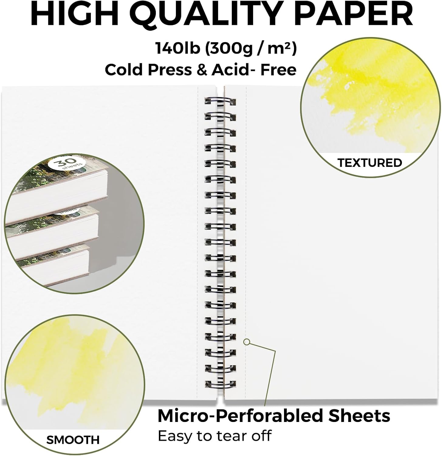 Funto Watercolor Pad 10x7, 3-Pack, 90 Sheets, 140 lb/300 GSM, Double-Sided, Cold Press, Spiral Bound, Heavyweight Paper for Watercolor Painting - Crafty Corner