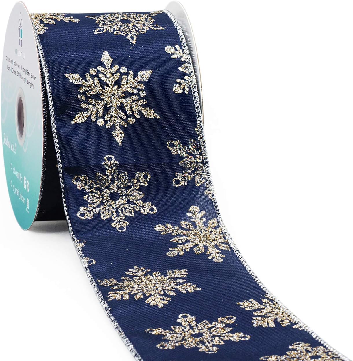 CT CRAFT LLC Navy Satin Gold Snowflake Wired Ribbon 2.5 Inch x 10 Yards for Christmas Home Decor Tree Topper Bow Gift Wrapping DIY Crafts Wreath Garland - Crafty Corner