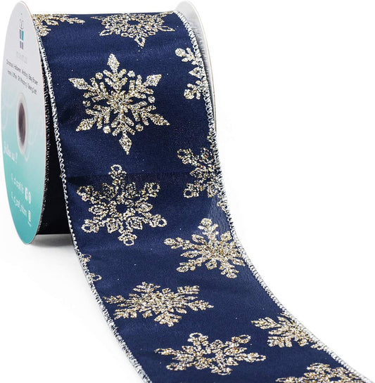 CT CRAFT LLC Navy Satin Gold Snowflake Wired Ribbon 2.5 Inch x 10 Yards for Christmas Home Decor Tree Topper Bow Gift Wrapping DIY Crafts Wreath Garland - Crafty Corner