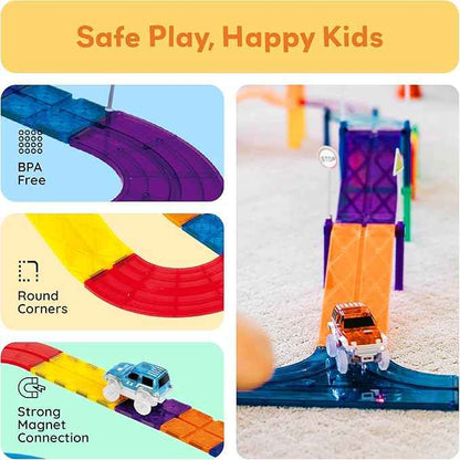 PicassoTiles Magnetic Tiles Race Track Car Thrilling Toy Playset Includes 2 Racing Trucks STEM Educational Magnet Tile Building Block Construction Set for Toddlers Boys Girls Ages 3 and Older PTR30