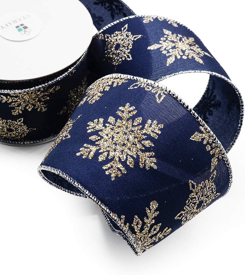 CT CRAFT LLC Navy Satin Gold Snowflake Wired Ribbon 2.5 Inch x 10 Yards for Christmas Home Decor Tree Topper Bow Gift Wrapping DIY Crafts Wreath Garland - Crafty Corner