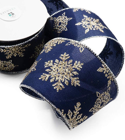 CT CRAFT LLC Navy Satin Gold Snowflake Wired Ribbon 2.5 Inch x 10 Yards for Christmas Home Decor Tree Topper Bow Gift Wrapping DIY Crafts Wreath Garland - Crafty Corner