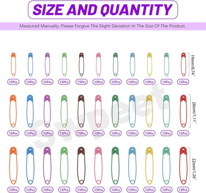 Swpeet 495Pcs 3 Sizes 19mm 28mm 32mm Colorful Safety Pins Assortment Kit, Rust Resistant Steel Small Safety Pin Kit with Clear Case, Mini Safety Pins for Sewing, Clothes, Craft Arts