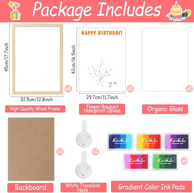 QOUBAI Birthday Handprint Balloon Art Craft DIY Kit Happy Birthday Gifts Children Adults Handprint Keepsake for Mom Father Friend Grandparent Birthdays Gift Christmas (12X16in, with Wood Frame)