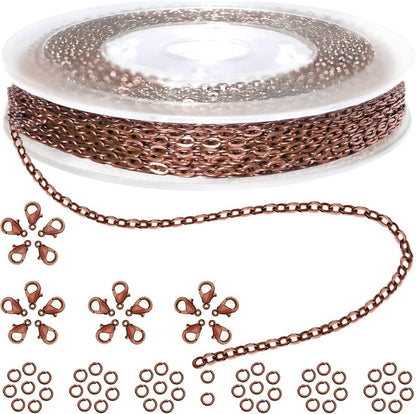 Jishi 33ft Link Cable Chain Roll 2mm, Red Copper Chain for Jewelry Making Necklace Earring Bracelet DIY Craft Jewelry Making Findings Supplies, Copper Plated Iron Metal Rolo Necklace Chain Spool Set