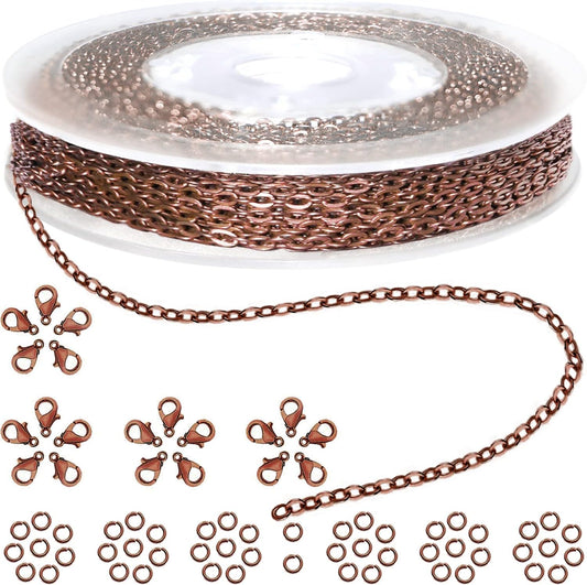 Jishi 33ft Link Cable Chain Roll 2mm, Red Copper Chain for Jewelry Making Necklace Earring Bracelet DIY Craft Jewelry Making Findings Supplies, Copper Plated Iron Metal Rolo Necklace Chain Spool Set