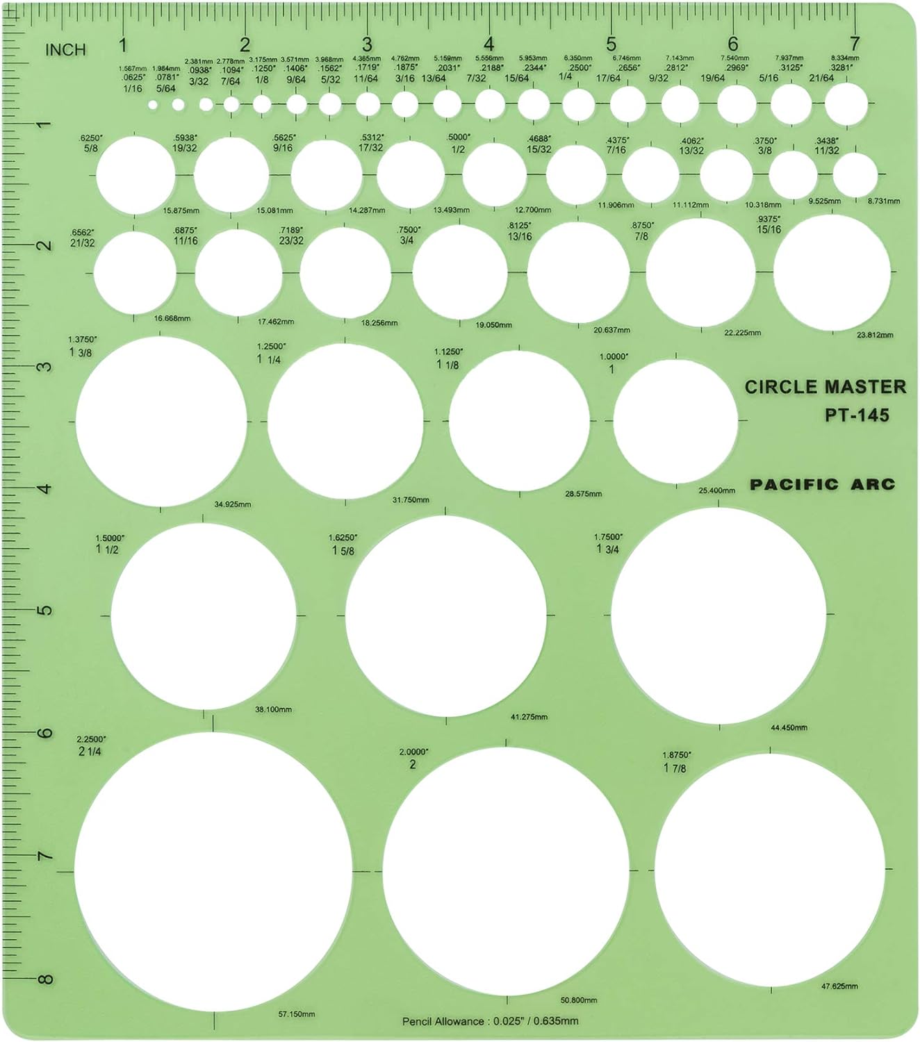 Pacific Arc Professional Circle Guide Template, 45 Total Circle from 1/16 Inch to 2.25 Inch with Inch Graduations