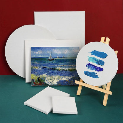 24 Pack Canvases for Painting with 4"x4", 5"x7", 8"x10", 9"x12", 11"x14", 12"x16", Round Canvas with 12"x12", 8"x8", 3 of Each, Painting Canvas for Oil & Acrylic Paint.