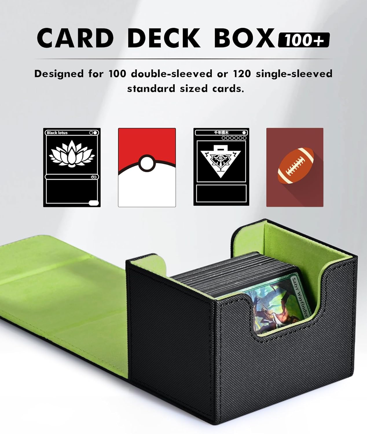 ZLCA Card Deck Box for Trading Cards, MTG Commander Deck Box Holds 120+ Single Sleeved, Leather Magnetic Card Storage Case Fits for TCG CCG Magic(Black& Green)