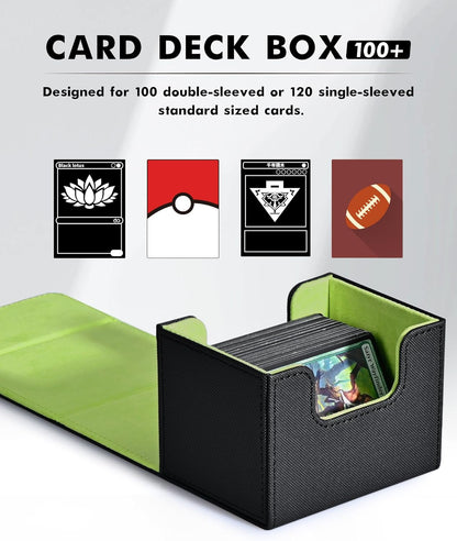 ZLCA Card Deck Box for Trading Cards, MTG Commander Deck Box Holds 120+ Single Sleeved, Leather Magnetic Card Storage Case Fits for TCG CCG Magic(Black& Green)