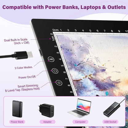 ZEXALIGHT A2 Light Box for Tracing, Light Pad for Diamond Painting with 8 Levels/Stepless Dimming Brightness and 3 Color Modes, Ultra-Thin Copy Board Light Table for Artists Tracing Drawing (Purple)