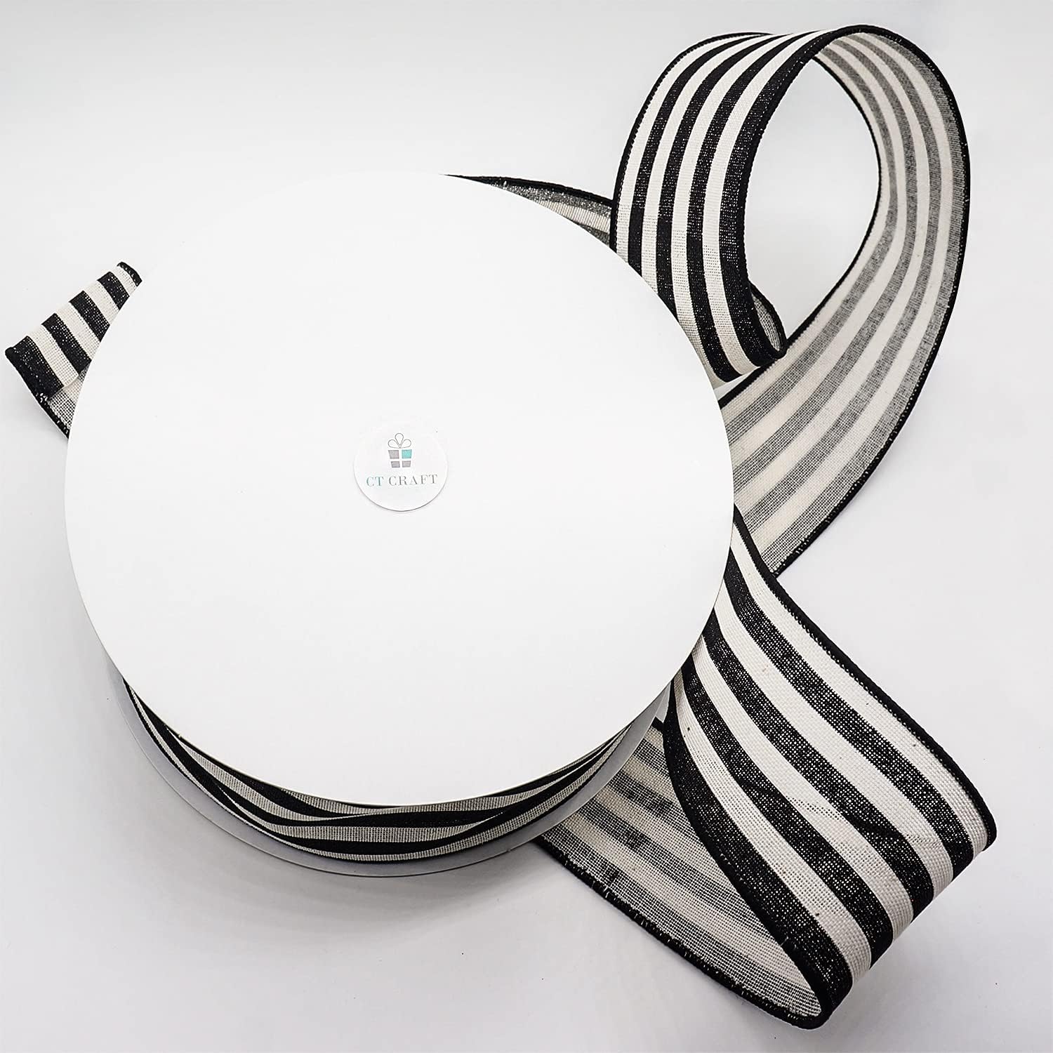 CT CRAFT LLC Striped Canvas Cotton Ribbon 2.5" x 50 Yards Ivory/Black Stripes for Thanksgiving Christmas Home Décor Gift Wrapping Outdoor Tree Topper Bow Wreath - Crafty Corner