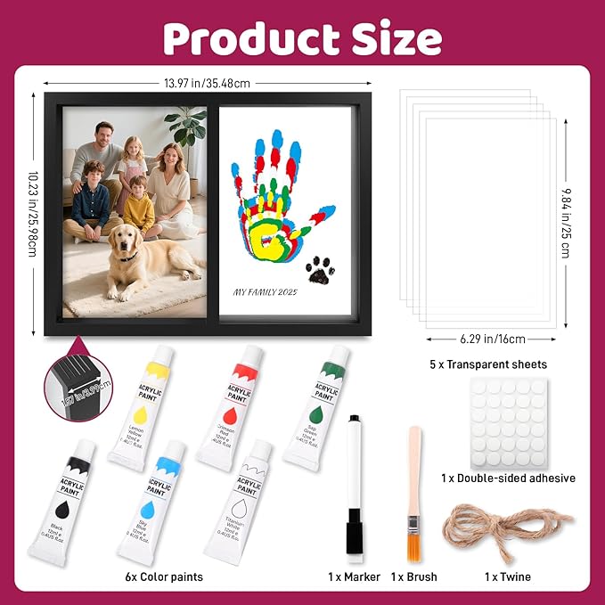 Family Handprint Kit, DIY Baby Hand and Footprint Handmade Keepsake Wooden Frame with 6 Non-Toxic Baby-Safe Paint, Family Gifts Ideas Gift for New Parents, Grandparents, Father's Day, Mother's Day