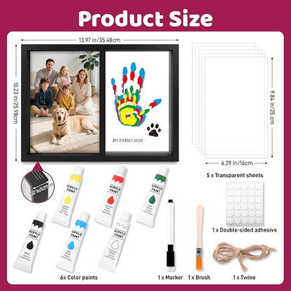 Family Handprint Kit, DIY Baby Hand and Footprint Handmade Keepsake Wooden Frame with 6 Non-Toxic Baby-Safe Paint, Family Gifts Ideas Gift for New Parents, Grandparents, Father's Day, Mother's Day
