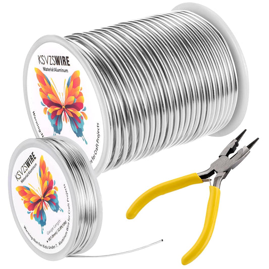 12 Gauge(2.0mm) Aluminum Wire 82 Feet(25M) KSVZS Bendable Metal Wire for Crafts, Sculpting, Armature, Jewelry Making【3-in-1】+18Gauge(1.0mm) 32.8Ft(10M)+1 Pliers(Silver)