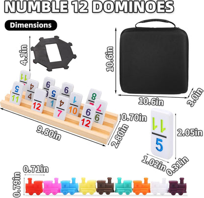 Mexican Train Dominoes Set Numbers and 8 Wooden Holders, Double 12 Travel Domino Train Game with 91 Colored Tiles and Protable Case, Number Domino Set for Kids, Adults Family Board Team Games