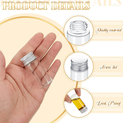 100 Pcs Small Clear Vials Spice Mini Jars with Lids Mini Glass Bottles with Screw Aluminum Metal Caps Tiny Jars Sample Containers for Powder Cream Cosmetic Jewelry Wedding (10 ml,Silver Caps)