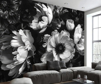 AFZEVEB-Black Peony Floral Wallpaper Vintage Large Flower Wall murals for Bedroom 114"x74"(Not Peel and Stick)