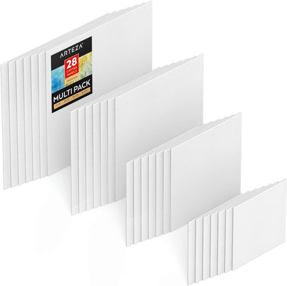 ARTEZA Canvases for Painting, Multipack of 28, 6 x 6, 8 x 8, 10 x 10, 12 x 12 Inches, Square Canvas Panels, 100% Cotton, 12.3 oz Gesso-Primed, Art Supplies for Acrylic Pouring and Oil Painting