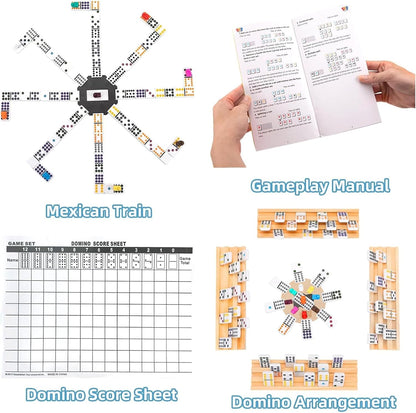 Upgraded Mexican Train Dominoes Set with 8 Wooden Holders, Double 12 Dominos Set for Kids, Adults Travel Domino Train Set with 91 Tiles and Carry Case, Classic Board Games for Family Night