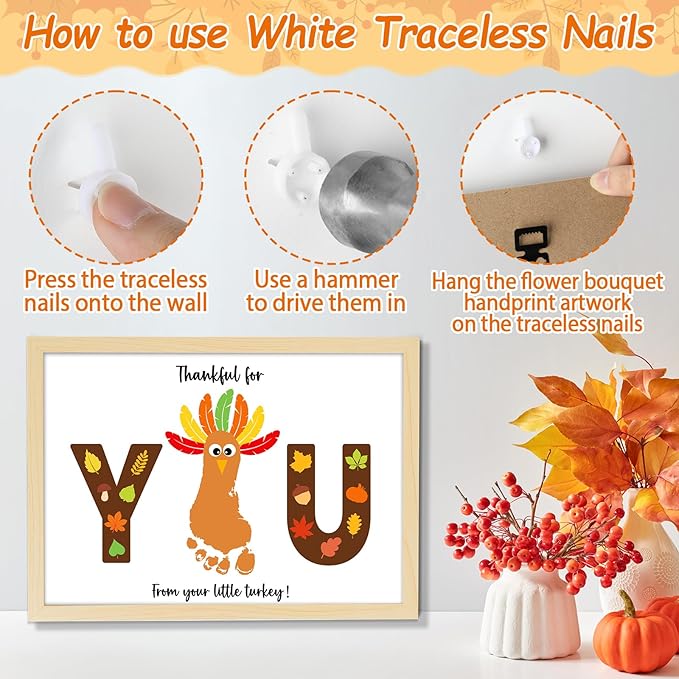 Thanksgiving Turkey Footprint Art Craft DIY Kit Brown Fall Thanksgiving DIY Gifts Thankful for You Little Turkey Footprint Keepsake with Wood Frame for Mom Dad Friend Holiday Activities 12x16 Inch