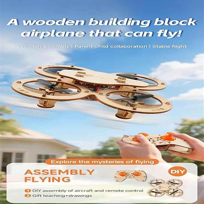 Upgraded DIY Wooden Building Blocks Flying,Wooden Drone Model Kit,Remote Control Aircraft Training,Creative Aircraft(1PC)