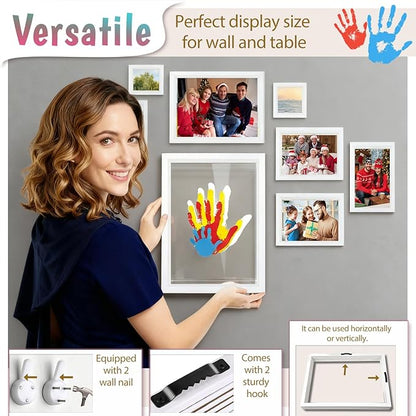 OurWarm Family Handprint Kit for 4, DIY Baby Handprint Set Keepsake Gifts with 50 PC Stickers & 12 Paints, Baby Footprint Kit Wooden Frame for New Parents Anniversary Newborn Adoption Day Gifts