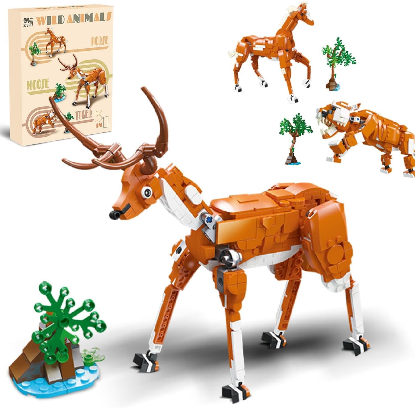 Creator 3 in 1 Building Set, Rebuilds into 3 Different Safari Animal Figures- Tiger/Sika Deer/Horse, Compatible with Lego Sets for Boys 6+/8-14 (747pcs) - Crafty Corner