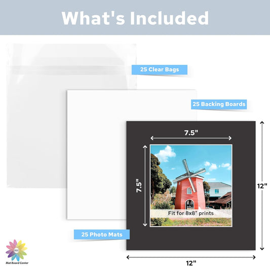 Mat Board Center, Pack of 25, 12x12 for 8x8 Black Mat Kit - Acid Free, 4-ply Thickness, White Core - Includes Backing Boards and Clear Bags - for Pictures, Photos, Framing