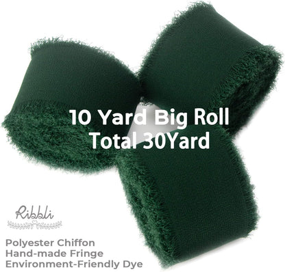 Ribbli Forest Green Chiffon Silk Ribbon, 1.5 Inch x 30 Yard - Handmade, Fringe, Wedding Invitations, Gift Wrapping, Bridal Bouquets, Flower Arrangement - Crafty Corner