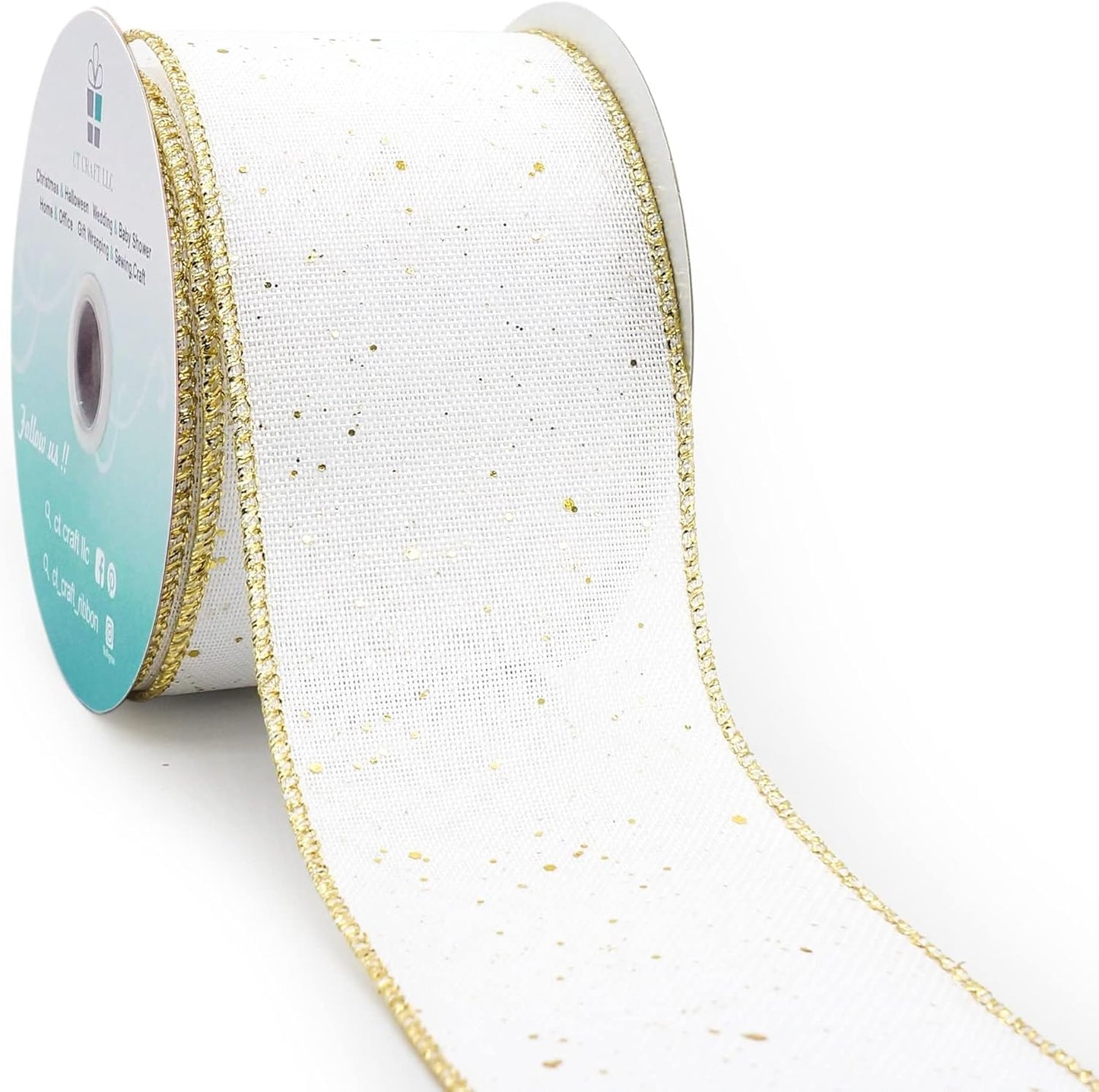CT CRAFT LLC Whtie Burlap Fabric Confetti Glitter Wired Ribbon 2.5" x 10 Yards White Color for Christmas Home Wedding Decor Gift Wrapping Tree Topper Bow Wreath Bouquet DIY Crafts - Crafty Corner