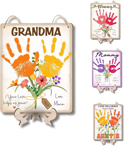 Custom DIY Baby Handprint Flowers Wooden Hanging Sign, Personalized Flowers for Grandma with Kids Handprint, Baby's First Mothers Day Gifts for Grandma, Kids Art Craft, Thanks for Helping Us Grow
