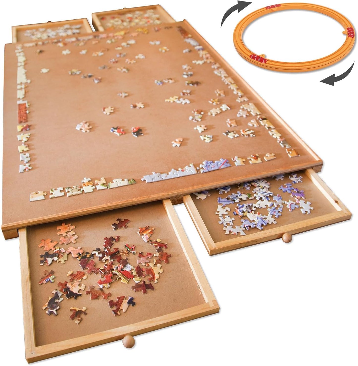 Bits and Pieces Rotating Puzzle Board with Drawers, Jigsaw Puzzle Board 1000 Pieces, 22 Inch x 30 Inch Spinning Wooden Tray Table with 4 Organizing Piece Sorting Trays, Portable, Easy Storage