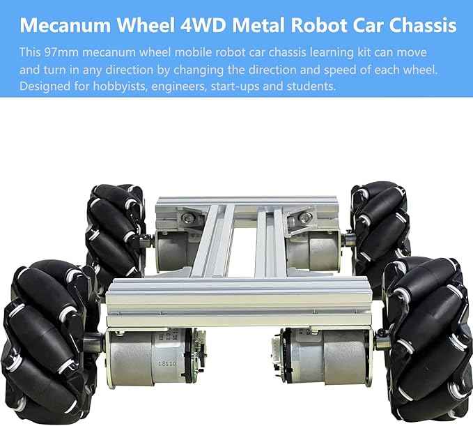 Mecanum Wheel 4wd Metal Robot Car Chassis Control Learning Kit for Arduino Raspberry Pie Microbit with DC Encoder Motor, DIY Steam AGV ROS AI Move Education Platform Robotic Functional Model Silver