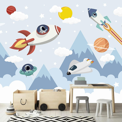 AFZEVEB-Space Mural Hand-Painted Cartoon Wallpaper for Kids Room 159"x107"(Not Peel and Stick)
