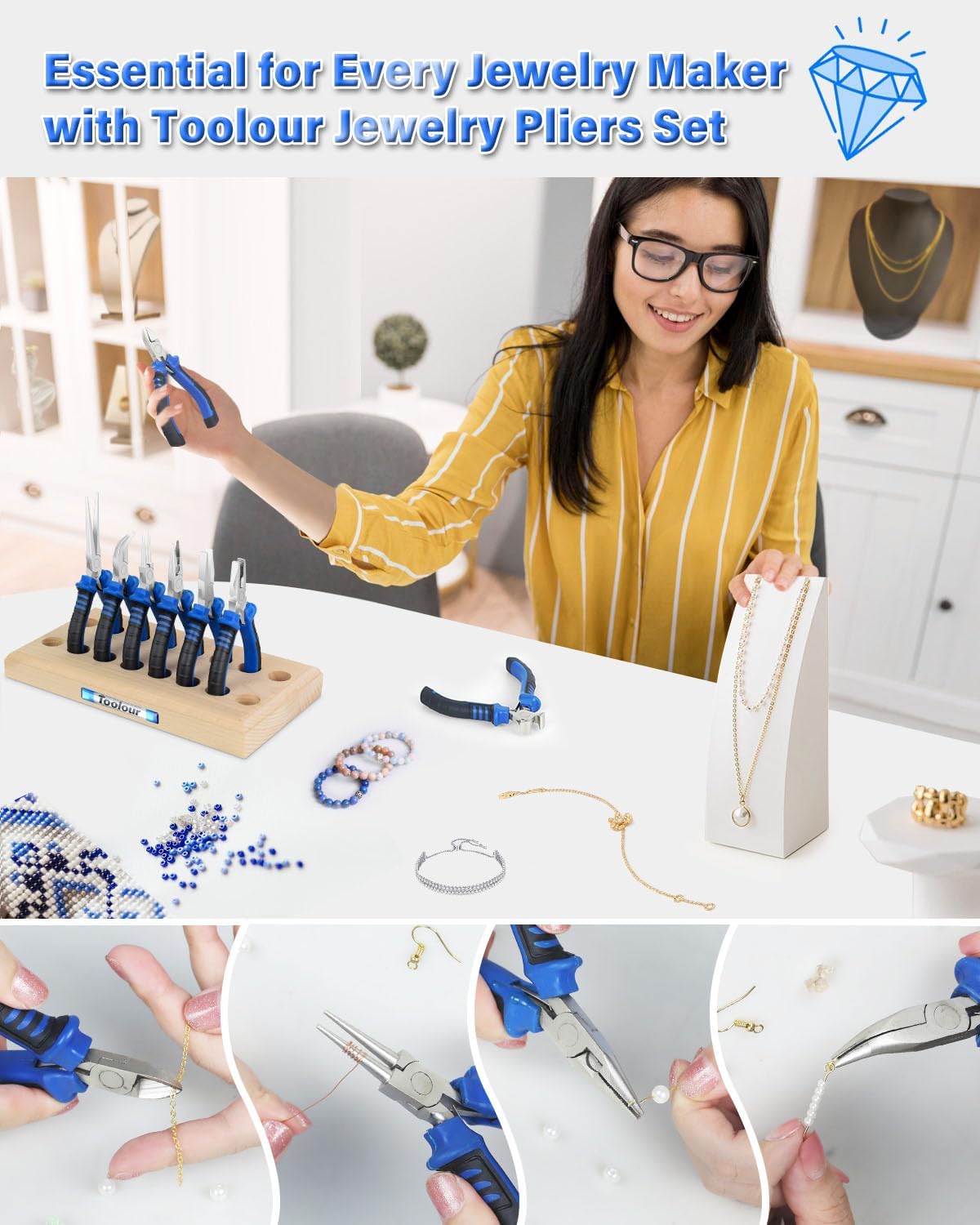 Toolour Jewelry Pliers Set Jeweler Making Tools Kit with Wood Holder,8Pcs Professional Wire Plier for Beading Jewelry Maker DIY Crafting Wrapping Crimping Cutting Repair,Essential Tools for Adults - Crafty Corner