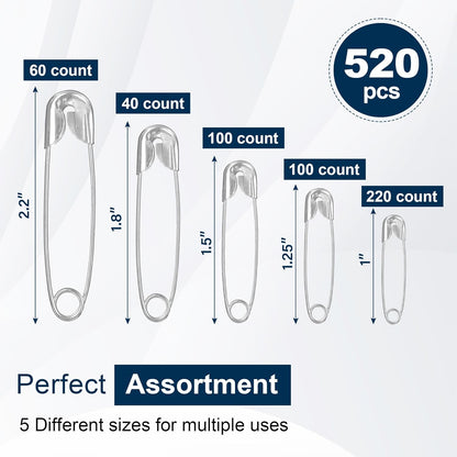 520 Pack Safety Pins, Assorted Size Bulk Silver Sewing Pins, Small & Large Heavy Duty Safety Pins for Clothes, Sewing, Art Crafts Supplies, Rust-Resistant Nickel Plated Steel