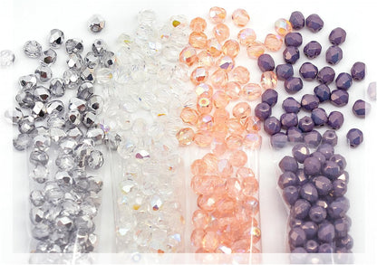 460+ Bead Kit of 4mm Bracelet Beads - Faceted Fire Polished Glass Beads for Jewelry Making Set, 4 Colors: Pink AB, Purple Luster, Crystal AB, Half Silver