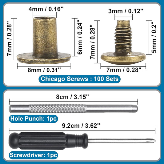 YORANYO 150 Sets 8MM Chicago Screws Leather Rivets for Fabric Chicago Binding Screws Buttons Metal Studs Rivets for Decorate and Repair Belts Bags Shoes Purse Dog Collar Leather Craft (Bronze)