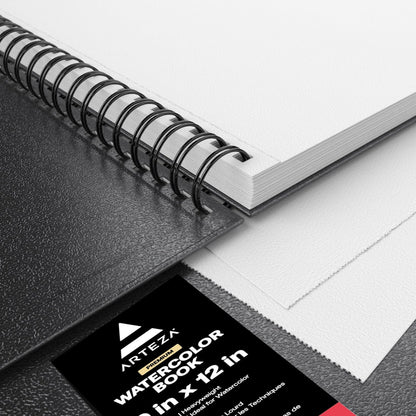 ARTEZA Watercolor Sketchbook 2-Pack, 64 Pages Each, 9x12 Inches – Spiral-Bound, 140 lb Cold Press Paper, Black Hardcover for Watercolor & Mixed Media - Crafty Corner