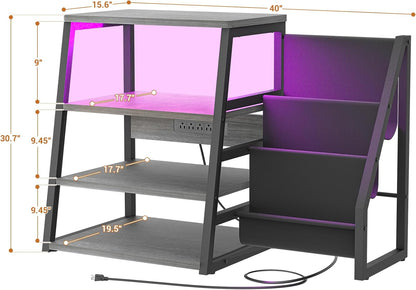 AV Media Stand with Outlets, Stereo Stands and Racks with Vinyl Storage, Stereo Stand with Record Storage, Audio Stereo Rack Cabinet, Turntable Console Stand with LED lights, 4 Tiers, Walnut Grey