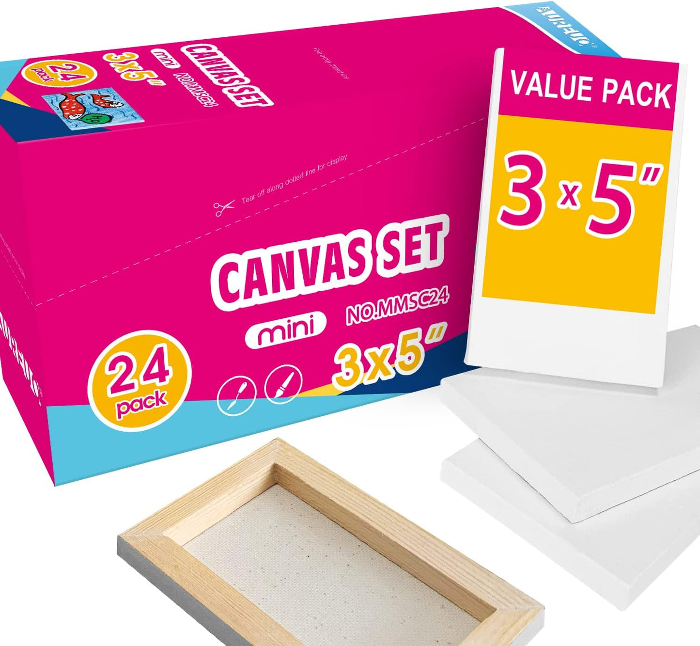 AUREUO Mini Stretched Canvas - 3x5 Inch/24 Pack - 2/5 Inch Profile Small Square Canvas - Gift Set Bulk Pack Canvases for Acrylic Painting & Craft