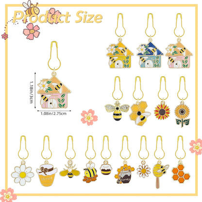 BEEFLYING 16Pcs Bee Honeycomb Stitch Marker Charms, Alloy Enamel Knitting Stitch Marker Charm Pendant for Sewing Crocheting Accessories